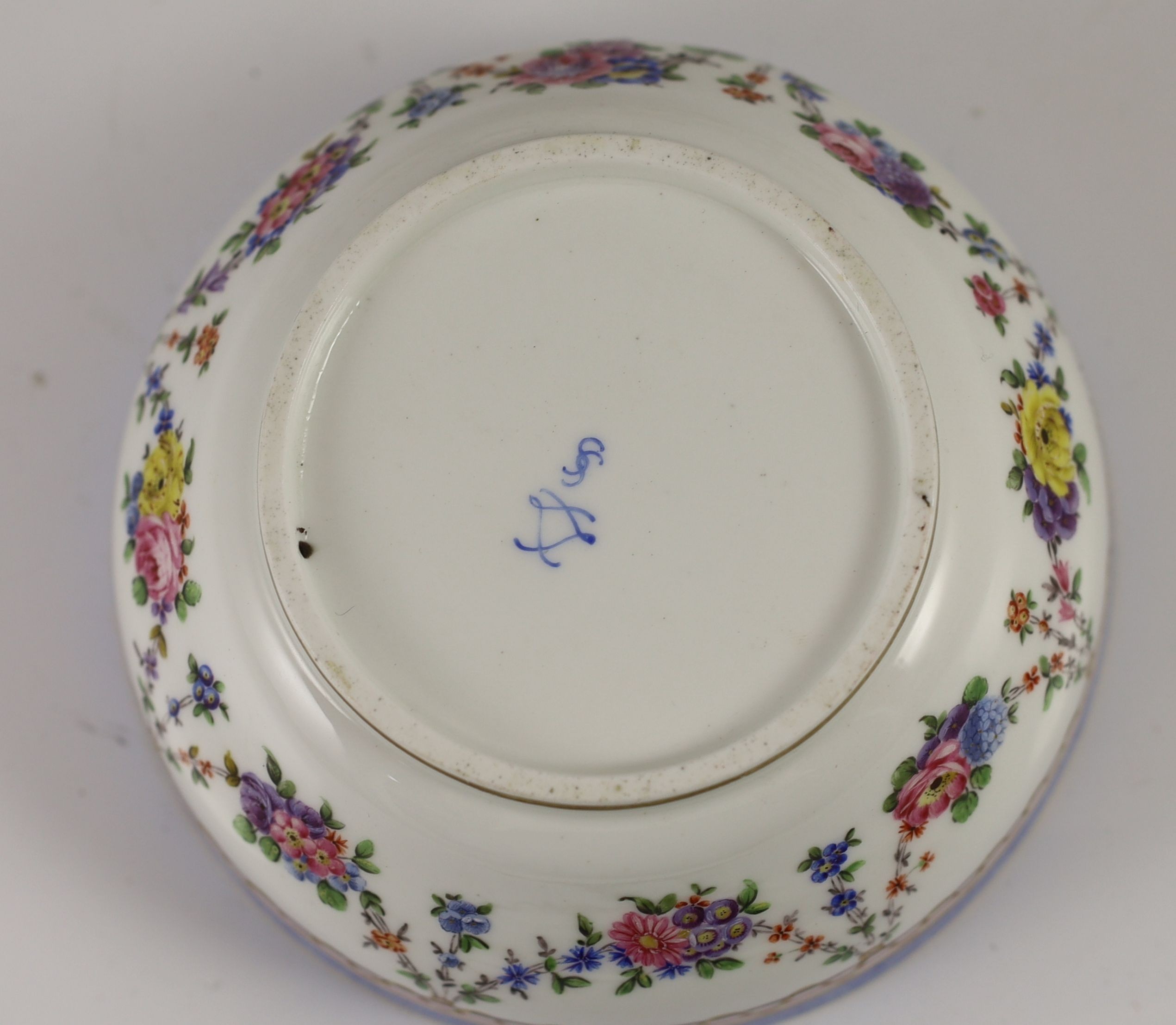 A Sevres porcelain part tea service, c.1772-3, One teacup handle repaired